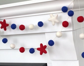 Patriotic USA Felt Garland- 1" Felt Balls, 2" Stars- Red White Royal Blue- Ball & Stars- Holiday Party- Memorial Day- Fourth July- 100% Wool