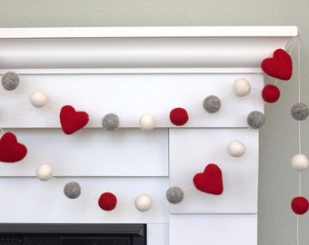 Valentine's Heart Garland- 1" Felt Balls, 1.75" Hearts- Red, Gray, White- Mantle Banner, Shelf Home Decor- 100% Wool