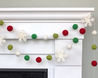 Snowflake & Felt Ball Garland- Red, Kelly Green, Lime, Off White- Wool Felt Pom Pom- Christmas- Holiday- 1" Felt Balls- 100% Wool