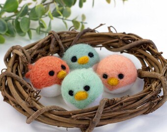 Spring Felt Bird Chicks - Set of 4 - 1.5 x 2" - Wool Felt Accents in Teal & Peach Colors - Easter Home Decor - NEST NOT INCLUDED