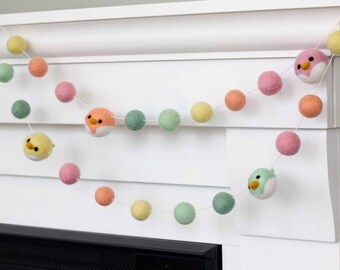 Felted Bird Garland- 1" Balls, 2.25" Birds- Pastel Spring Chicks- Mantle Banner, Summer Shelf, Easter Home Decor- 100% Wool