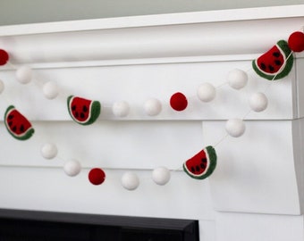 Watermelon Felt Garland- 1" Felt Balls, 2" Watermelon- Red, Green, White- Summer Decor Fruit Kitchen Pom Pom Party Banner- 100% Wool