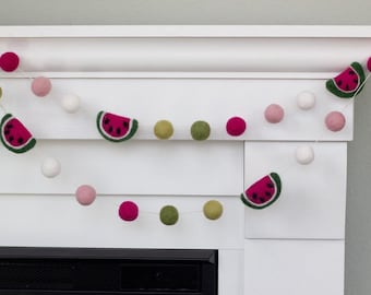 Watermelon Felt Garland- 1" Felt Balls, 2" Watermelon- Pinks & Greens - Summer Decor Fruit Kitchen Pom Pom Party Banner- 100% Wool