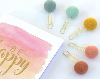 Bookmark Clip- Felt Ball Page Marker- SET OF 5- Turquoise, Peaches, Golds- Planner Accessories - Pom Poms - 1" Felt Ball 100% Wool