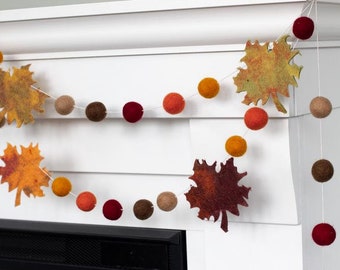 Maple Leaves Fall Garland- Orange Brown- Autumn Mantel Banner, Thanksgiving Decor, Halloween Shelf, Handmade Gift- 1"  Felt Balls, 4" Leaves