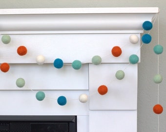 Children's Garland Decor- Turquoise Blue Orange- Mantle Banner, Shelf Bunting, Boy Nursery Decor, Children's Playroom- 1" Wool Felt Balls