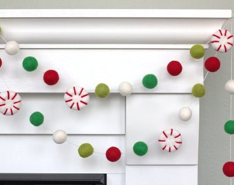 Peppermint Felt Garland- Red, Kelly Green, Lime, White- Christmas Mantle Banner, Holiday Shelf, Winter Decor- 1" Balls, 1.75" Peppermints