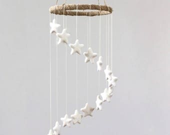 White Spiral Star Nursery Mobile Decor- Gender Neutral Nursery- Baby and Children's Room Felt Ball Ceiling Decor- 100% Wool, Ecofriendly