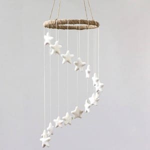 White Spiral Star Nursery Mobile Decor- Gender Neutral Nursery- Baby and Children&#39;s Room Felt Ball Ceiling Decor- 100% Wool, Ecofriendly