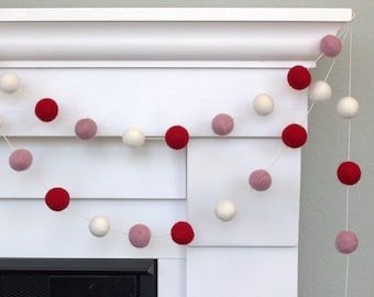 Valentine's Felt Garland-  1" Felt Balls- Red, Pink, White- Mantle Banner, Shelf Home Decor, School Classroom Party- 100% Wool