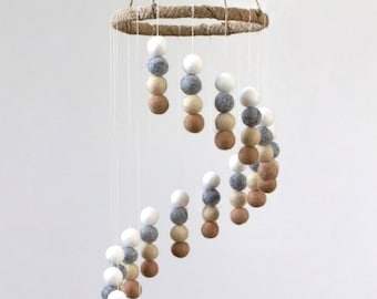 Spiral Felt Ball Mobile- Neutral Nursery- Tan, Almond, Gray, White-  Childrens Room Pom Pom Mobile Ceiling Decor- 100% Wool