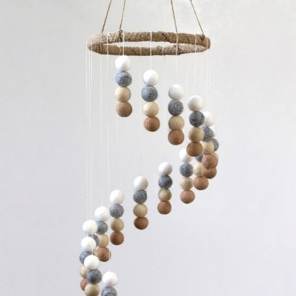 Spiral Felt Ball Mobile- Neutral Nursery- Tan, Almond, Gray, White-  Childrens Room Pom Pom Mobile Ceiling Decor- 100% Wool