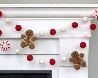 Gingerbread Peppermint Christmas Garland- Red & White- Mantle Banner, Holiday Shelf, Winter Home Decor, Secret Santa- 1" Wool Felt Balls