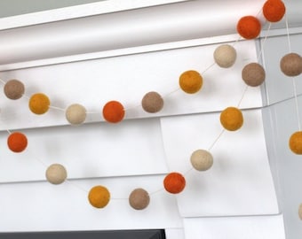 Orange & Tan Felt Ball Garland- Fall Autumn Halloween Thanksgiving Mantle Decor- Childrens Room- 1" Felt Balls- 100% Wool