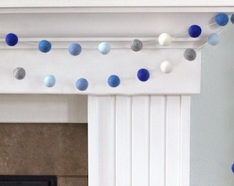 Blue Winter Felt Ball Garland- Blues, Gray, White- Christmas Mantle Banner, Winter Shelf, Hanukkah Home Decor, Boy Nursery- 1" Wool Balls