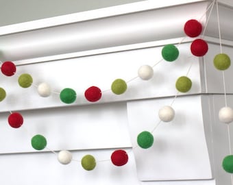 Christmas Felt Ball Garland- Red, Green- Mantle Banner, Holiday Shelf, Winter Home Decor, Secret Santa Gift Idea- 1" Felt Balls- 100% Wool