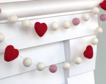 Valentine's Day Garland- 1" Felt Balls, 1.75" Hearts- Pink and White with Red Hearts- Mantle Banner, Shelf Home Decor- 100% Wool