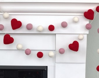 Valentine's Day Garland- 1" Felt Balls, 1.75" Hearts- Red, Pink, White- Mantle Banner, Shelf Home Decor - 100% Wool