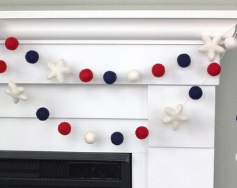 Fourth July Garland- 1" Felt Balls, 2" Stars- Red, Navy, White with White Felt Stars - Holiday- Party - USA- Americana Decor- 100% Wool