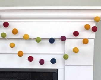 Rainbow Felt Garland- Vintage Colors- Mantle Banner, Shelf Bunting, Baby Nursery Decor, Children's Playroom- 1" Felt Balls- 100% Wool