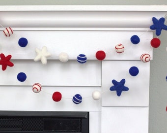 Fourth of July Garland- 1" Felt Balls, 2" Stars- Felt Balls Stars & Swirls- Red White Royal Blue- Holiday Party USA- Memorial Day- 100% Wool