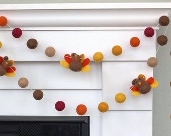 Thanksgiving Turkey Garland- Burgundy Orange Gold Brown- Fall Harvest Mantle Banner, Autumn Shelf Home Decor 1" Felt Balls, 2.5" Turkeys