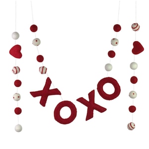 Valentine's XOXO Garland- 6 ft String, 26 Shapes- 1" Felt Balls, 1.75" Hearts, 2" Letters- Red, White Dots & Swirls- Mantel Shelf Home Decor