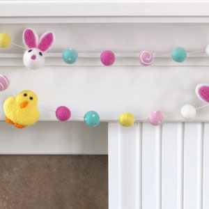 Bunny & Chick Easter Felt Ball Garland- Pink Turquoise Yellow- Swirls Dots - Pom Pom - Spring- Party Decor- 1" Felt Balls- 100% Wool