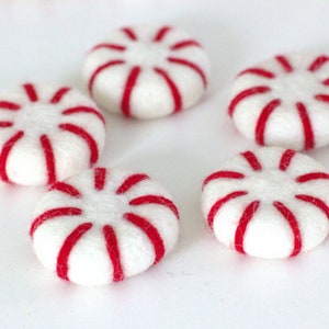 Felt Peppermints Red & White Christmas Home Decor, Winter Tiered Tray, Candy Cane Bowl Filler, Stocking Stuffer, Wool Cat Toy Approx 1.75 image 6