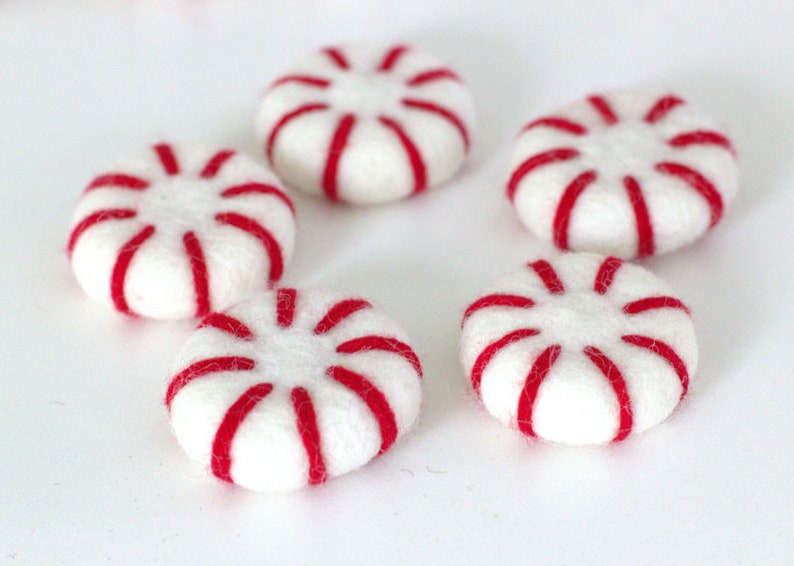Felt Peppermints Red & White Christmas Home Decor, Winter Tiered Tray, Candy Cane Bowl Filler, Stocking Stuffer, Wool Cat Toy Approx 1.75 image 6