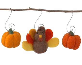 Thanksgiving Ornaments- Turkey & Pumpkin Set- Fall Autumn Halloween Shapes with Hooks- Mantle, Tray, Tree Decor