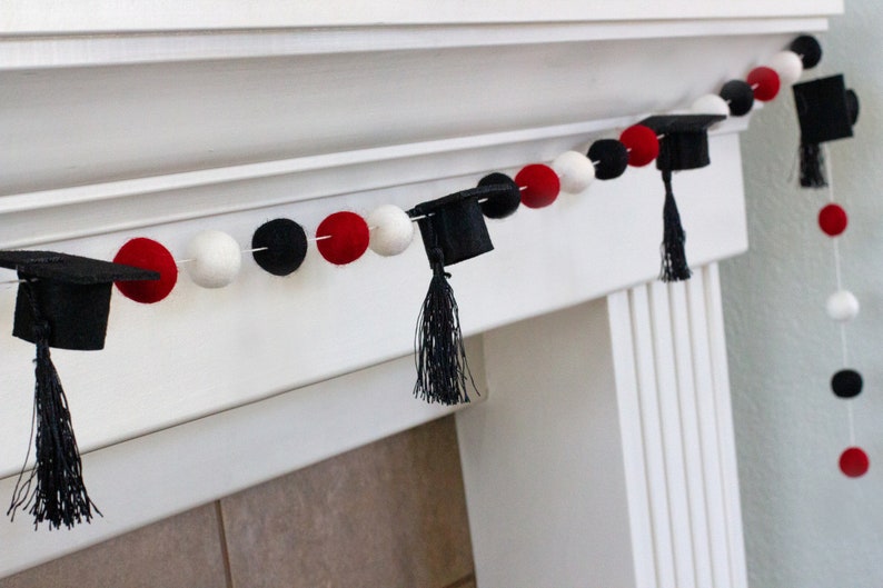 Graduation Cap Garland Decor 1 Felt Balls, 2 Wide Caps Red Black White with BLACK tassels Mortar Board Hat Mantle Party Banner image 2