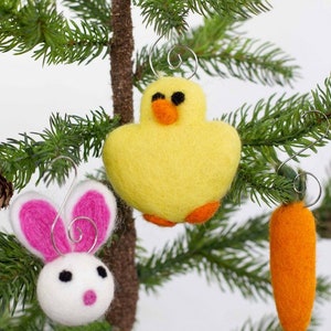 Easter Ornaments Felt Bunny, Chick, Carrot SET OF 3 Spring Ornaments with Silver Hooks Tree Decor image 5