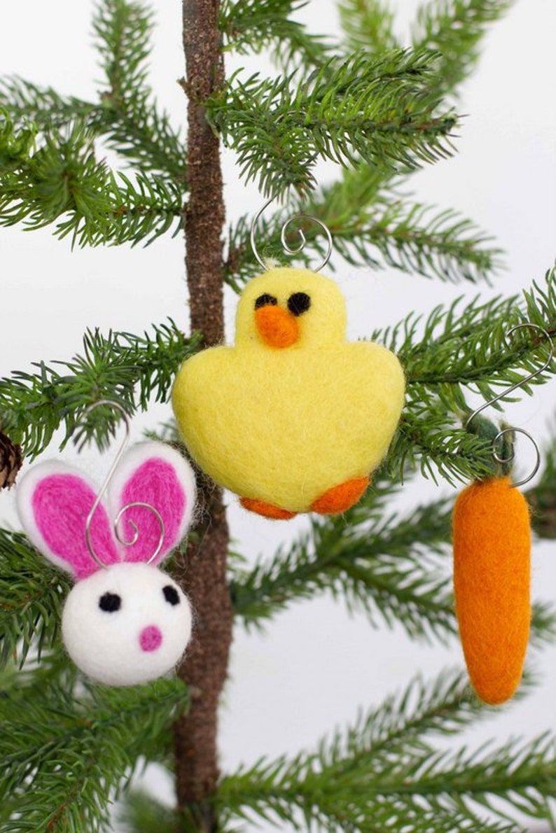 Easter Ornaments Felt Bunny, Chick, Carrot SET OF 3 Spring Ornaments with Silver Hooks Tree Decor image 5