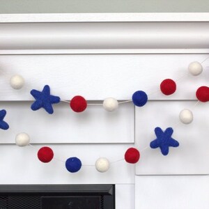 Fourth July Garland Decor 1 Felt Balls, 2 Stars Red White Royal Blue Memorial Day Party, American Flag Mantle Banner, Labor Day Shelf image 8