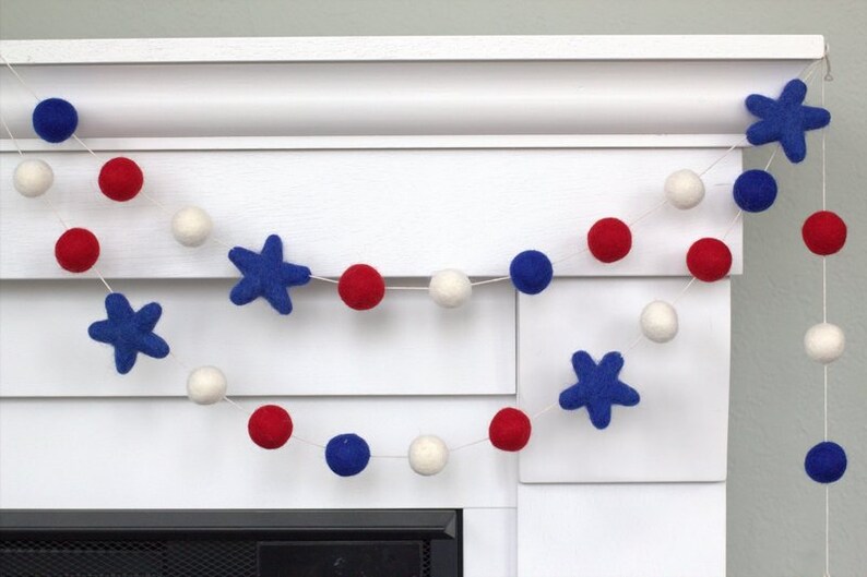 Fourth July Garland Decor 1 Felt Balls, 2 Stars Red White Royal Blue Memorial Day Party, American Flag Mantle Banner, Labor Day Shelf image 8