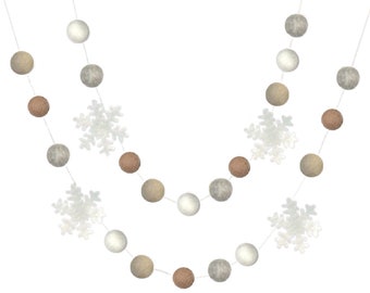 Snowflake Winter Garland- Neutrals- Christmas Mantle Banner, Holiday Shelf, Home Decor- 1" Felt Balls, 2.5" Snowflakes- 100% Wool
