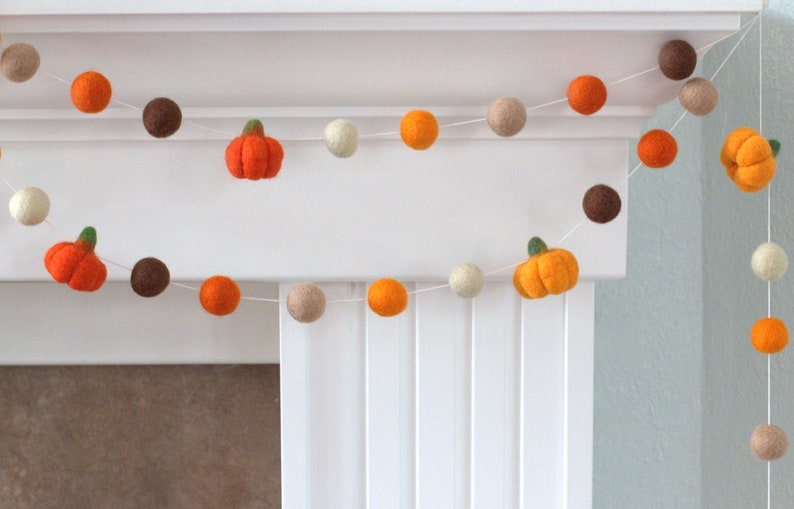 Fall Felt Pumpkin Garland, Thanksgiving Mantel Decor - Orange Brown - 1" Balls, 1.5" Pumpkins- Handmade image 9