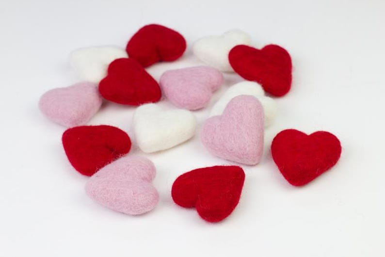Wool Felt Hearts- Red Pink White- SET of 3, 6 or 12 Valentine's Day Bowl Filler, Tiered Tray, Shelf Sitter, Wool Cat Toy- Approx. 1.75" Tall image 3