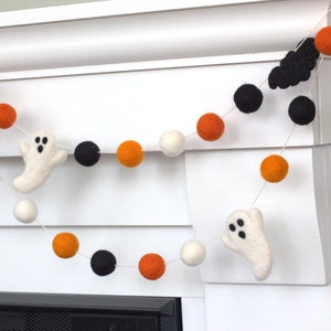 Ghost & Bat Halloween Garland- Orange, Black, White- Fall Mantle Banner, Autumn Shelf, Spooky Party Home Decor- 1&quot; Felt Balls- 100% Wool