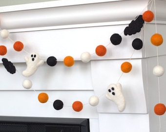 Ghost & Bat Halloween Garland- Orange Black- Fall Mantle Banner, Autumn Shelf, Spooky Party Home Decor- 1" Felt Balls- 100% Wool