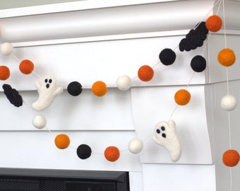 Ghost & Bat Halloween Garland- Orange, Black, White- Fall Mantle Banner, Autumn Shelf, Spooky Party Home Decor- 1&quot; Felt Balls- 100% Wool