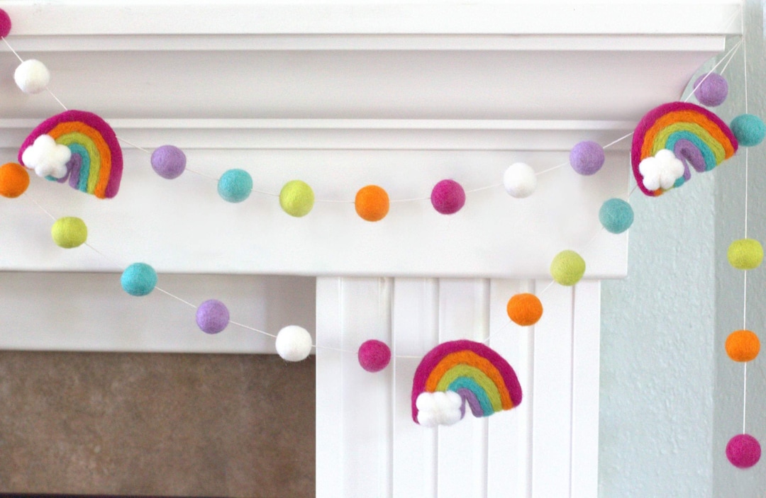 Rainbow Felt Ball Garland Bright Pink Wool Felt Balls Clouds Playroom ...