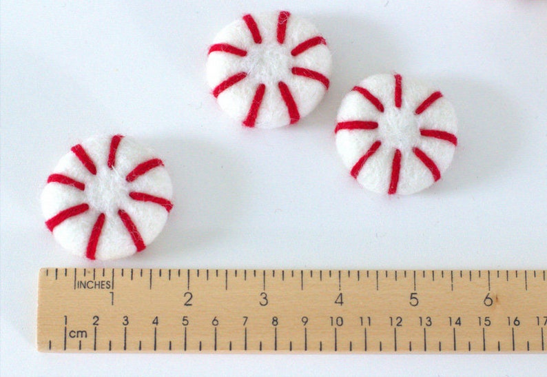 Felt Peppermints Red & White Christmas Home Decor, Winter Tiered Tray, Candy Cane Bowl Filler, Stocking Stuffer, Wool Cat Toy Approx 1.75 image 3