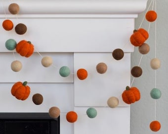 Fall Pumpkin Garland, Thanksgiving Mantel Decor - Orange, Teal, Brown - 1" Balls, 1.5" Pumpkins- Handmade