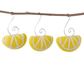 Felt Lemon Ornaments- SET OF 3 or 5- Silver Swirl Hook- Spring Tree Home Decor, Yellow Summer Citrus Fruit- Lemons Approx 2"