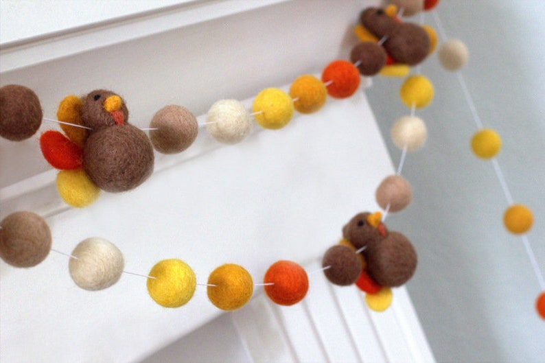 Thanksgiving Garland Felt Ball & Turkey Brown Orange Fall image 1