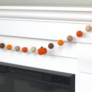 May include: A decorative garland featuring alternating felted wool balls and small pumpkin shapes in shades of orange, brown, and beige. The felted elements are strung together on a thin white cord, creating a repeating pattern of spheres and pumpkins.