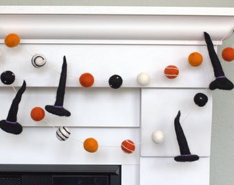 Halloween Witch Hat Garland- Black Orange White- Swirls & Dots- Fall Mantle Banner, Autumn Shelf, Trick or Treat Home Decor- 1" Felt Balls