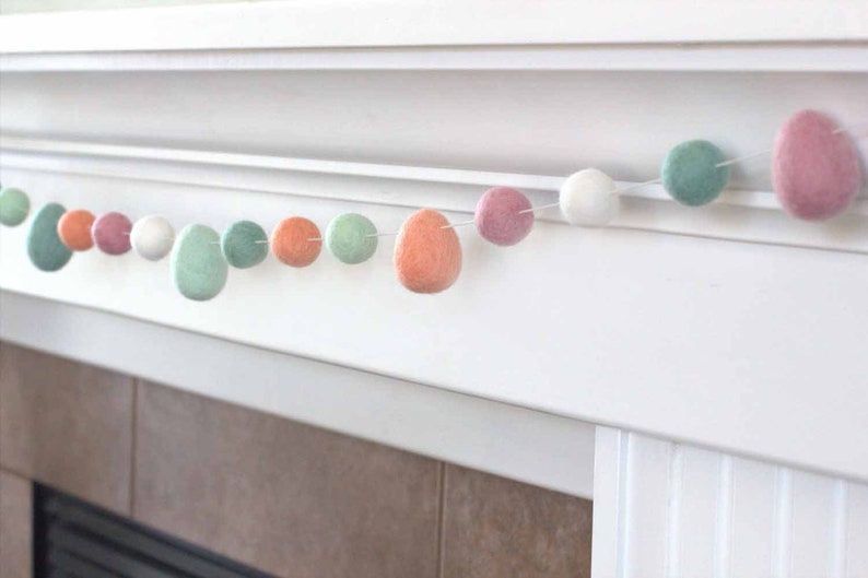 Easter Egg Garland 1 Felt Balls, 1.75-2 Eggs Spring Mantle Banner, Shelf Home Decor 100% Wool image 8